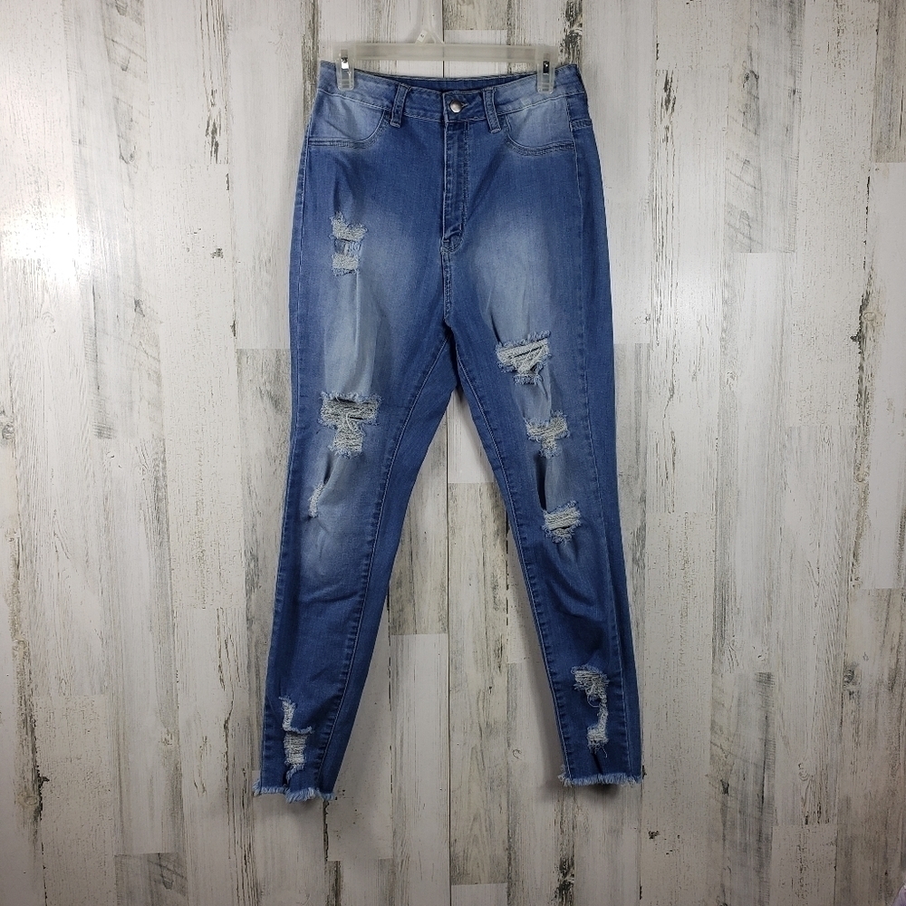 Fashion nova high rise ripped distressed raw hem denim jeans juniors size 15